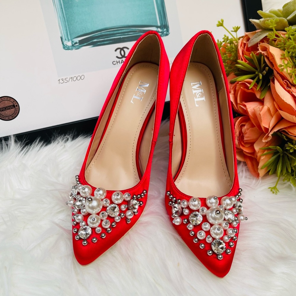 Embellished Red Satin Heel - Picture 1 of 9